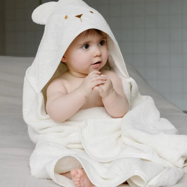 cape de bain bébé rectangulaire à oreilles ourson écrue coton bio oeko-tex