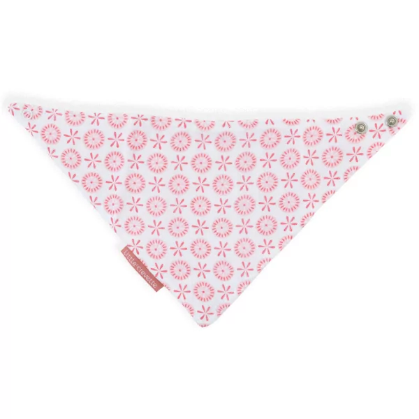 Bavoir bandana bébé fille blanc motif fleur rose fermeture pressions en coton bio oekotex