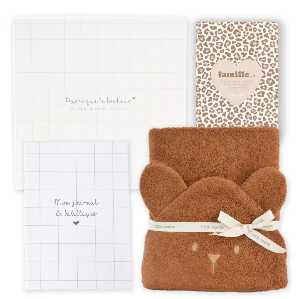 Coffret cape de bain bébé ourson caramel en coton bio oekotex