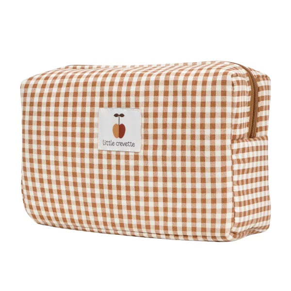 Trousse de toilette enfant rectangulaire intérieur imperméable motif vichy caramel et écru