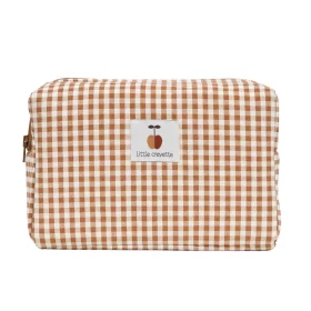 Trousse de toilette enfant rectangulaire intérieur imperméable motif vichy caramel et écru