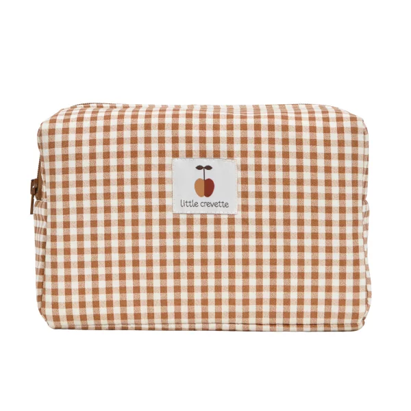 Trousse de toilette enfant rectangulaire intérieur imperméable motif vichy caramel et écru