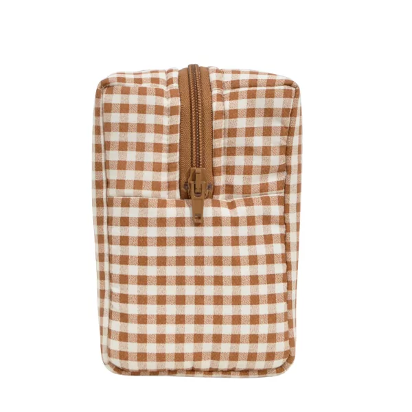 Trousse de toilette enfant rectangulaire intérieur imperméable motif vichy caramel et écru