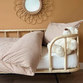 parure de lit bébé housse de couette 100x140 cm et taie d'oreiller en coton bio imprimé vichy caramel